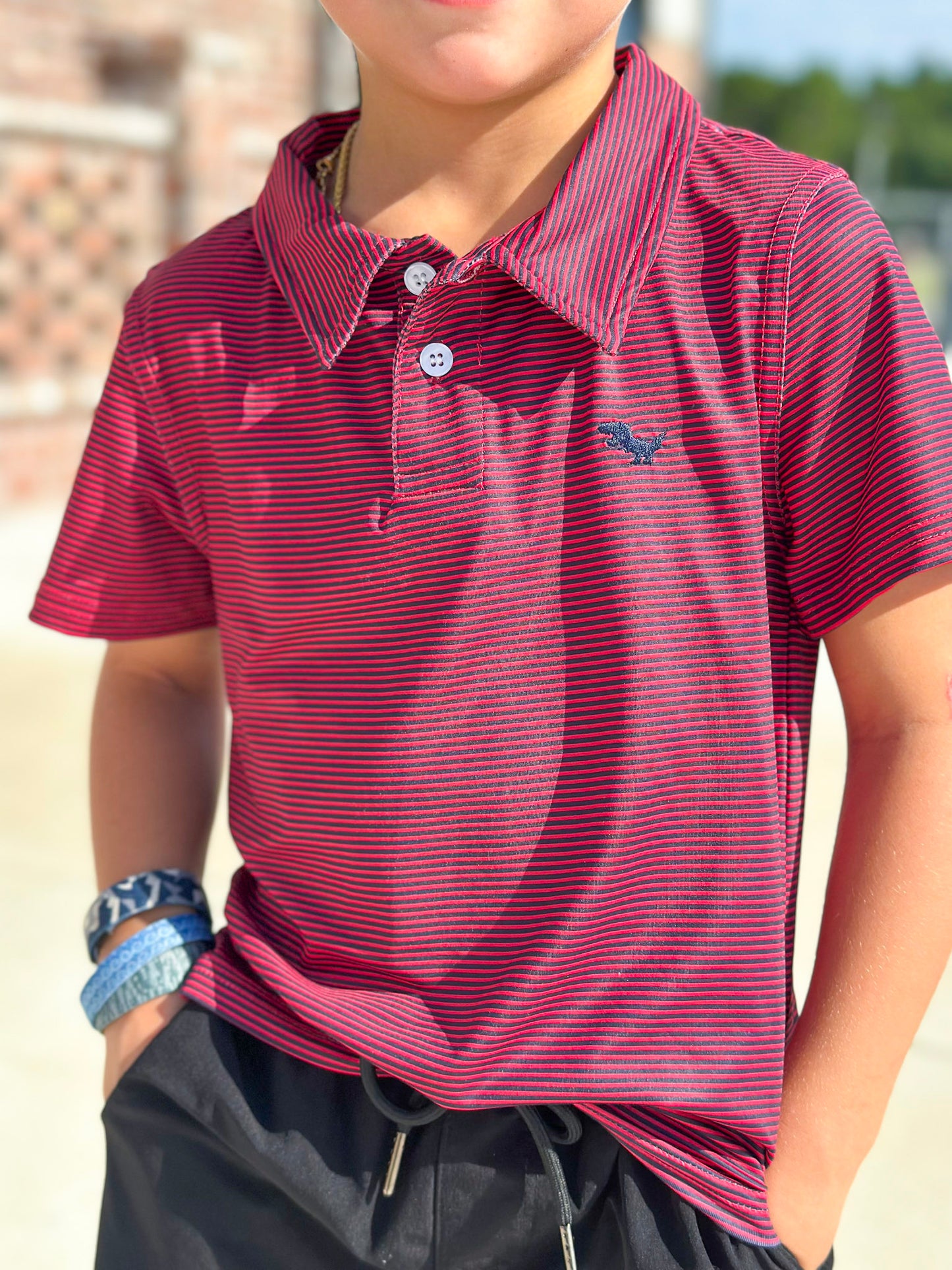 AutiLove Youth Stripe Performance Polo in Red & Black