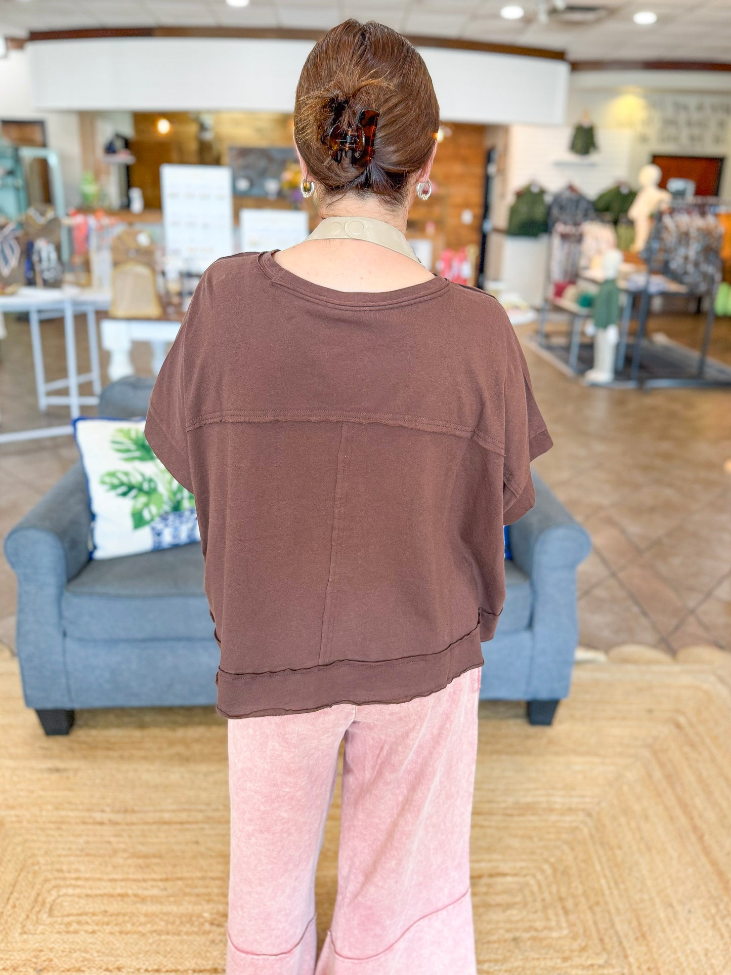 Exposed Seam Oversized Tee in Brown