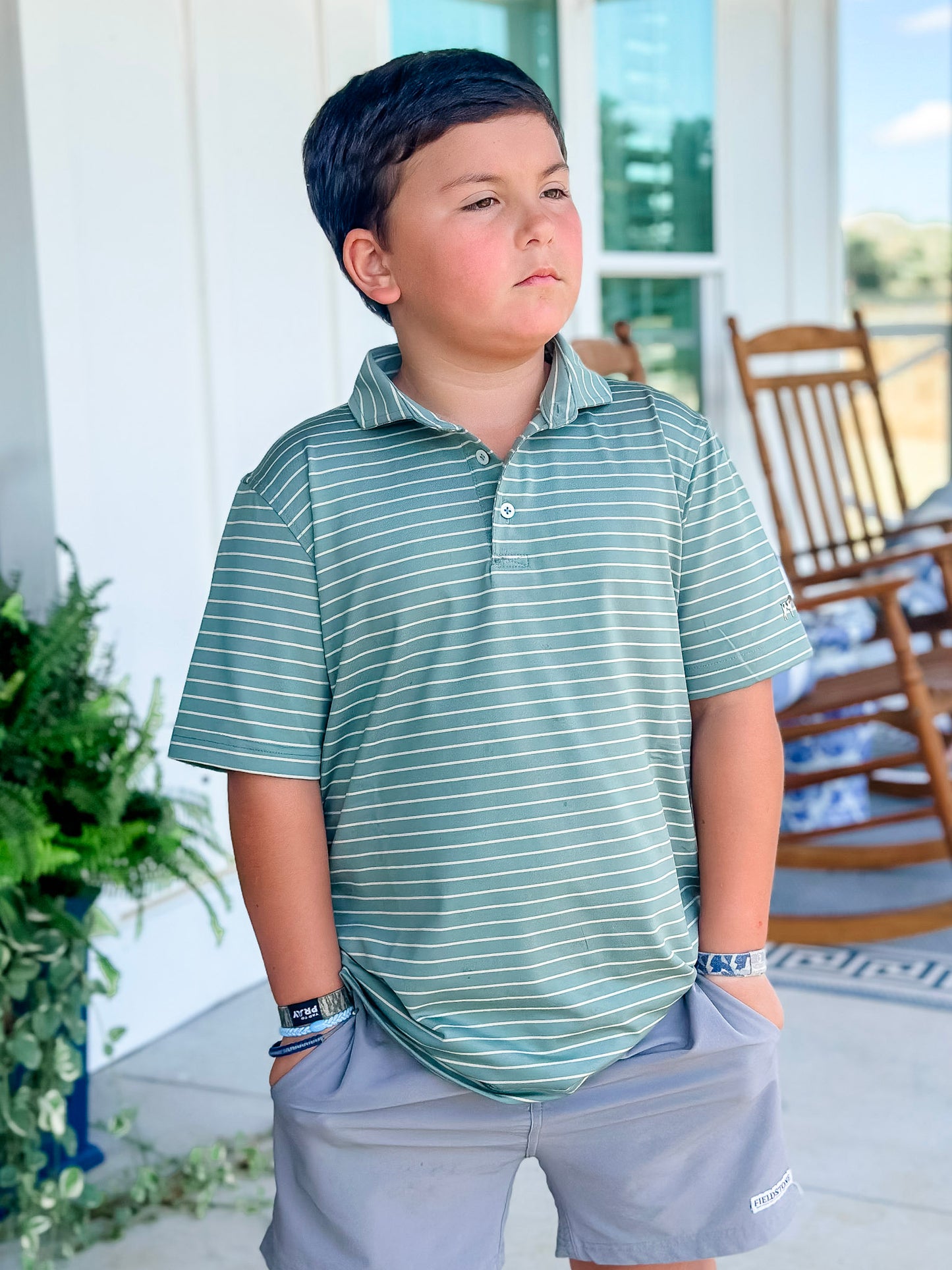 Southern Point Youth Horizon Stripe Performance Polo in Duck Green/Sandstone