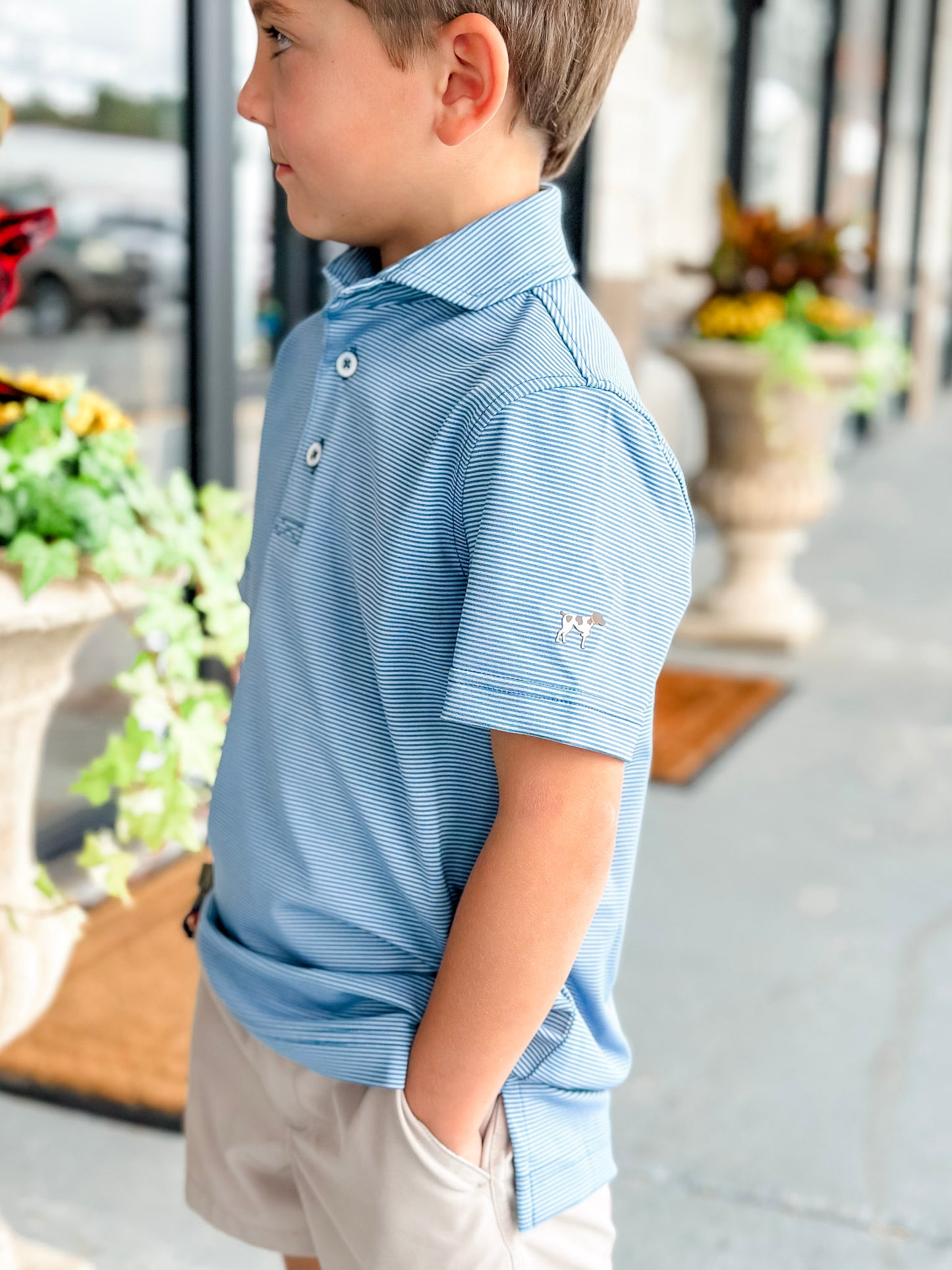 Southern Point Youth Hinton Stripe Performance Polo in Mallard Blue/Mountain Spring