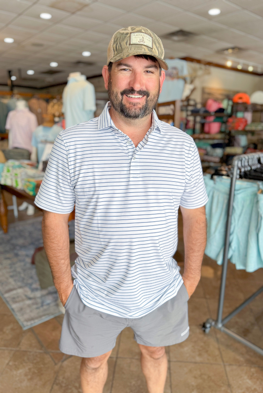 Southern Point Horizon Stripe Performance Polo in White/Captain Blue