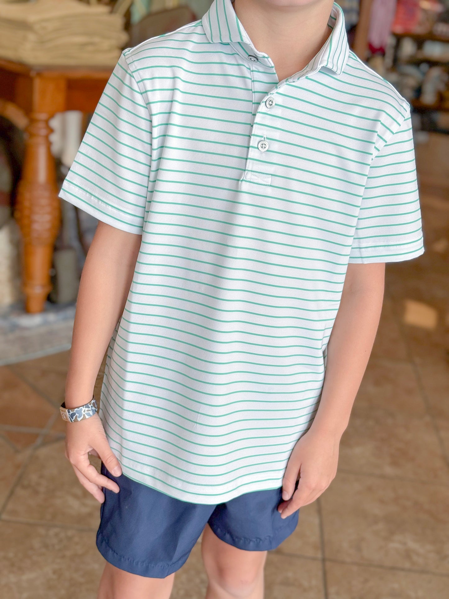 Southern Point Youth Horizon Stripe Performance Polo in White/Washed Jade