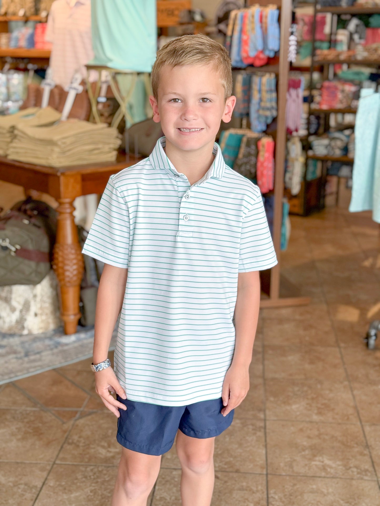 Southern Point Youth Horizon Stripe Performance Polo in White/Washed Jade