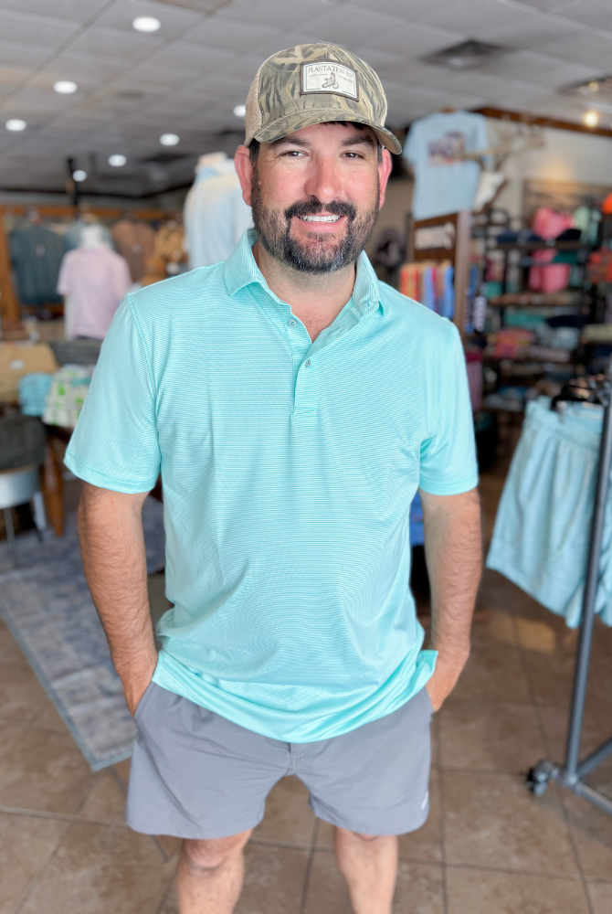 Southern Point Hinton Stripe Performance Polo in Pool Water/White