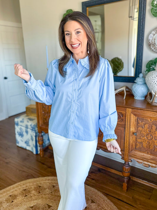The Charlotte Ruffle Collar Top in Blue