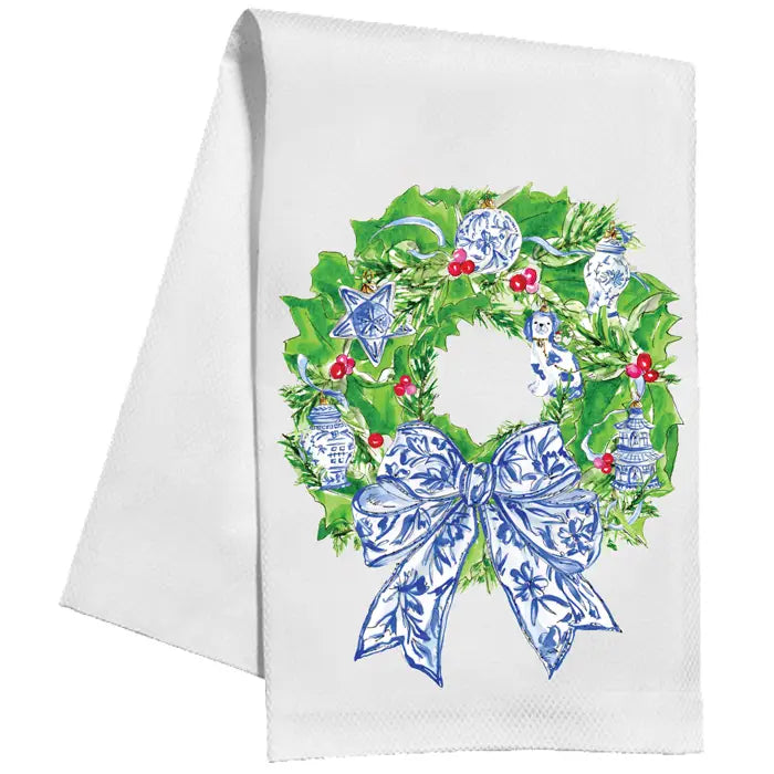 Wreath with Blue Chinoiserie Ornaments and Bow Kitchen Towel