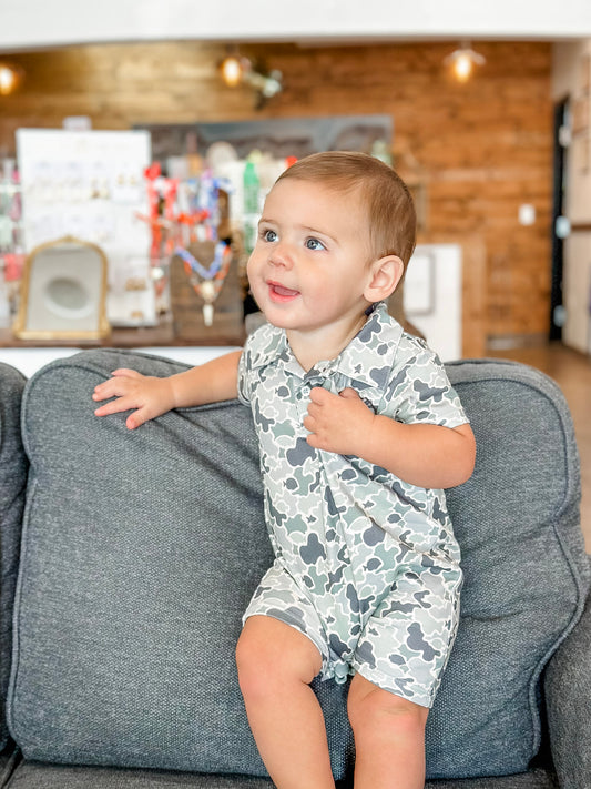 Saltwater Boys Signature Pima Polo SS Romper in Green Camo