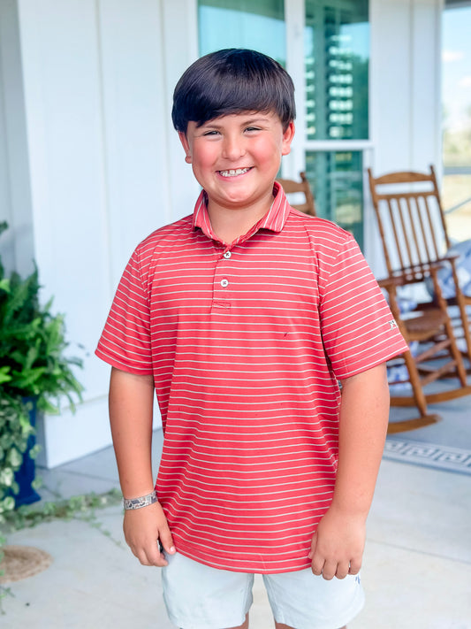 Southern Point Youth Hinton Stripe Performance Polo in Chili Oil/Laurel Oak