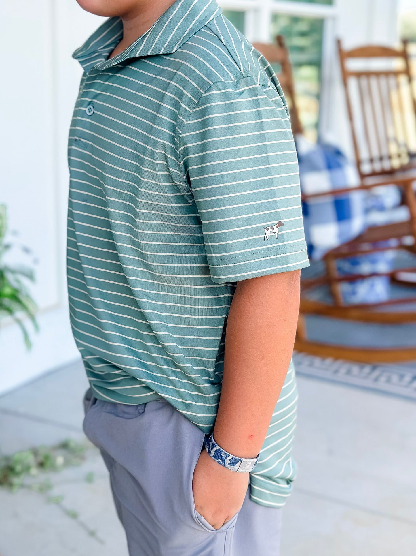 Southern Point Youth Horizon Stripe Performance Polo in Duck Green/Sandstone