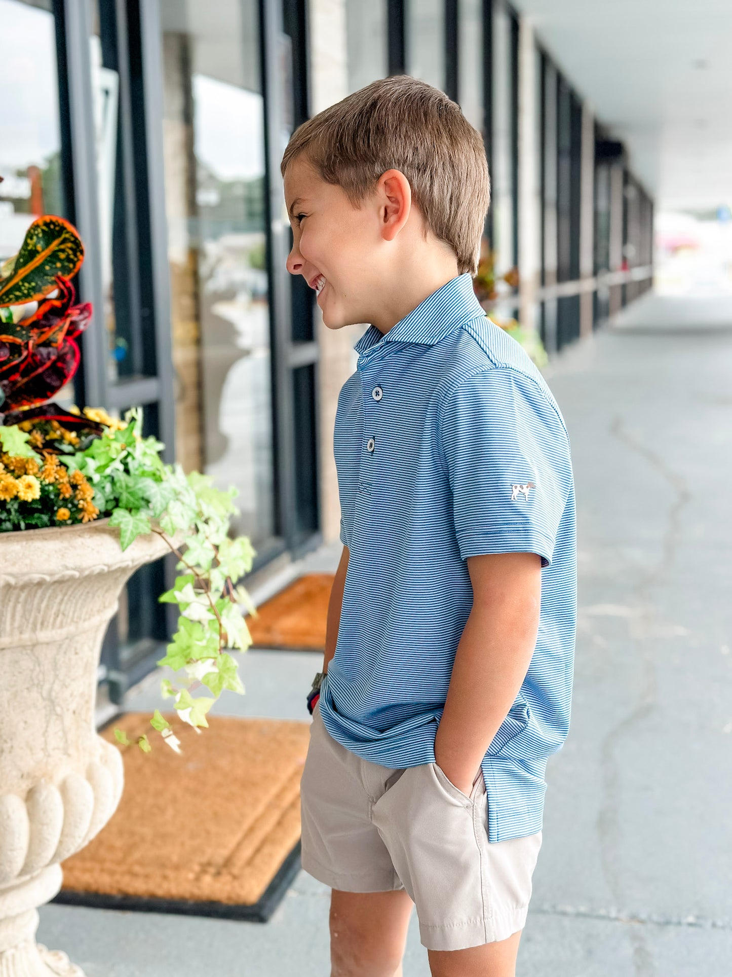 Southern Point Youth Hinton Stripe Performance Polo in Mallard Blue/Mountain Spring