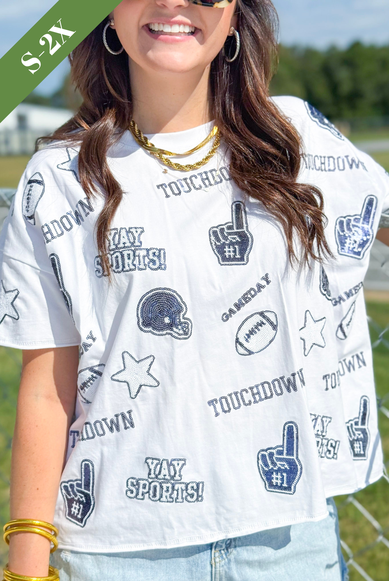 The Sequin Football Tee in Navy