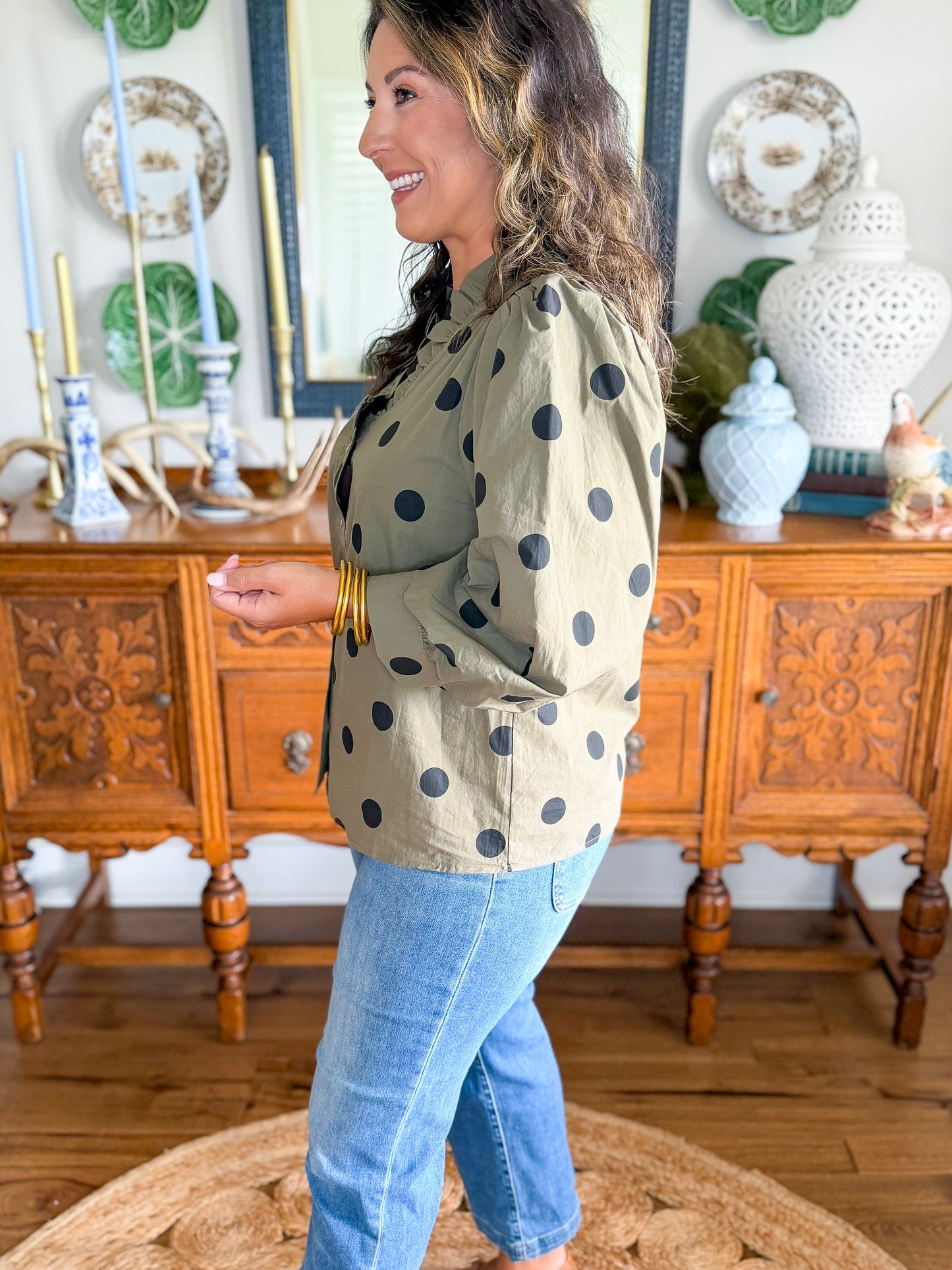 The Penelope Poka Dot Top in Olive
