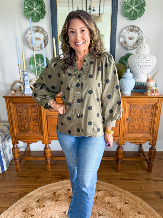 The Penelope Poka Dot Top in Olive