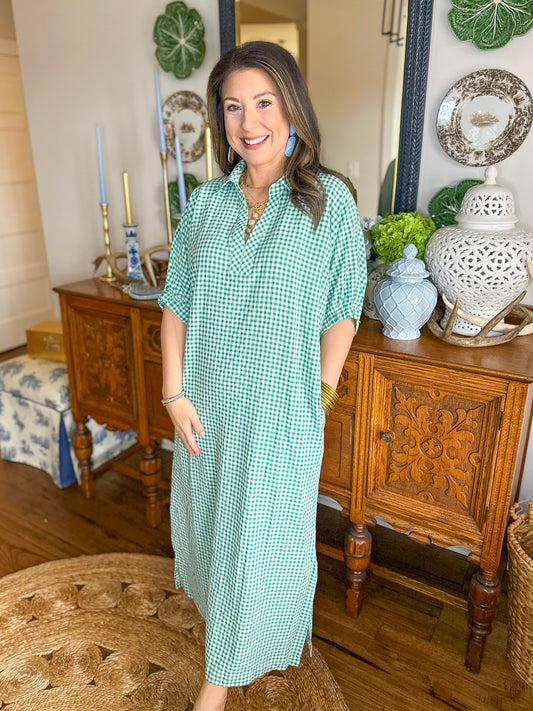 The Cleo Gingham Maxi Dress in Green