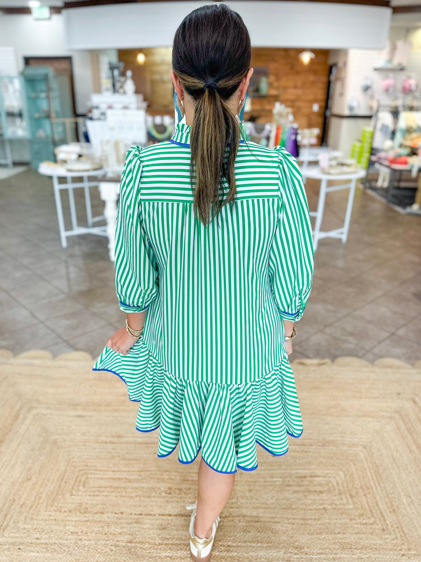 Mary Square Naomi Dress in Lined Up Green