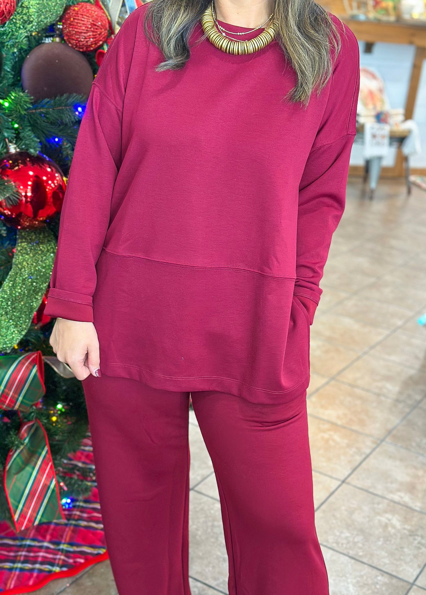 The Cloud Couture Top & Pants Set in Dark Burgundy