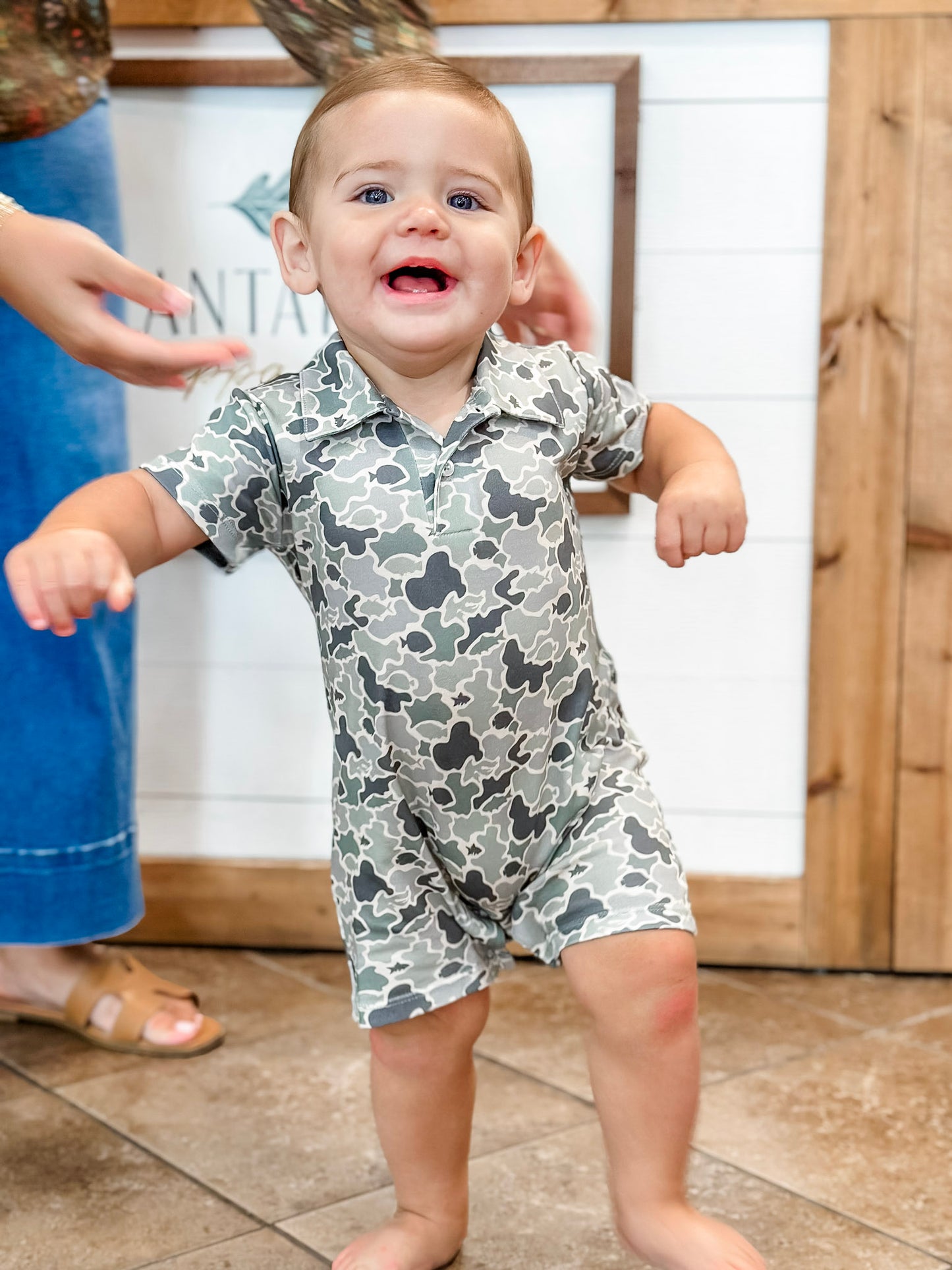 Saltwater Boys Signature Pima Polo SS Romper in Green Camo