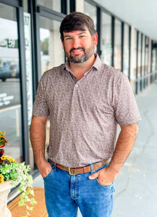 Southern Point Pointer Pattern Performance Polo in Gunstock