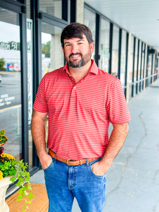 Southern Point Horizon Stripe Performance Polo in Chili Oil/Laurel Oak