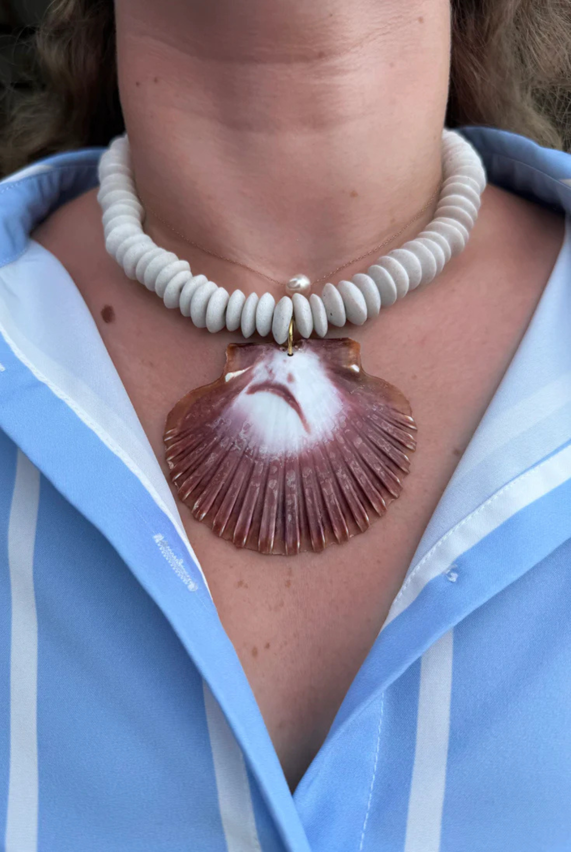 White Glass Saucer Bead+Large Seashell Pendant