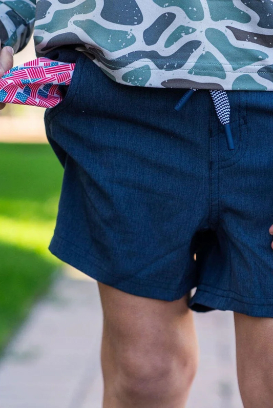 Burlebo Youth Athletic Short - Heather Navy - American Flag Liner