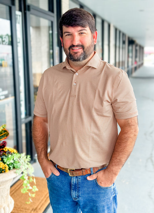 Southern Point Hinton Stripe Performance Polo in Adobe/Sandstone