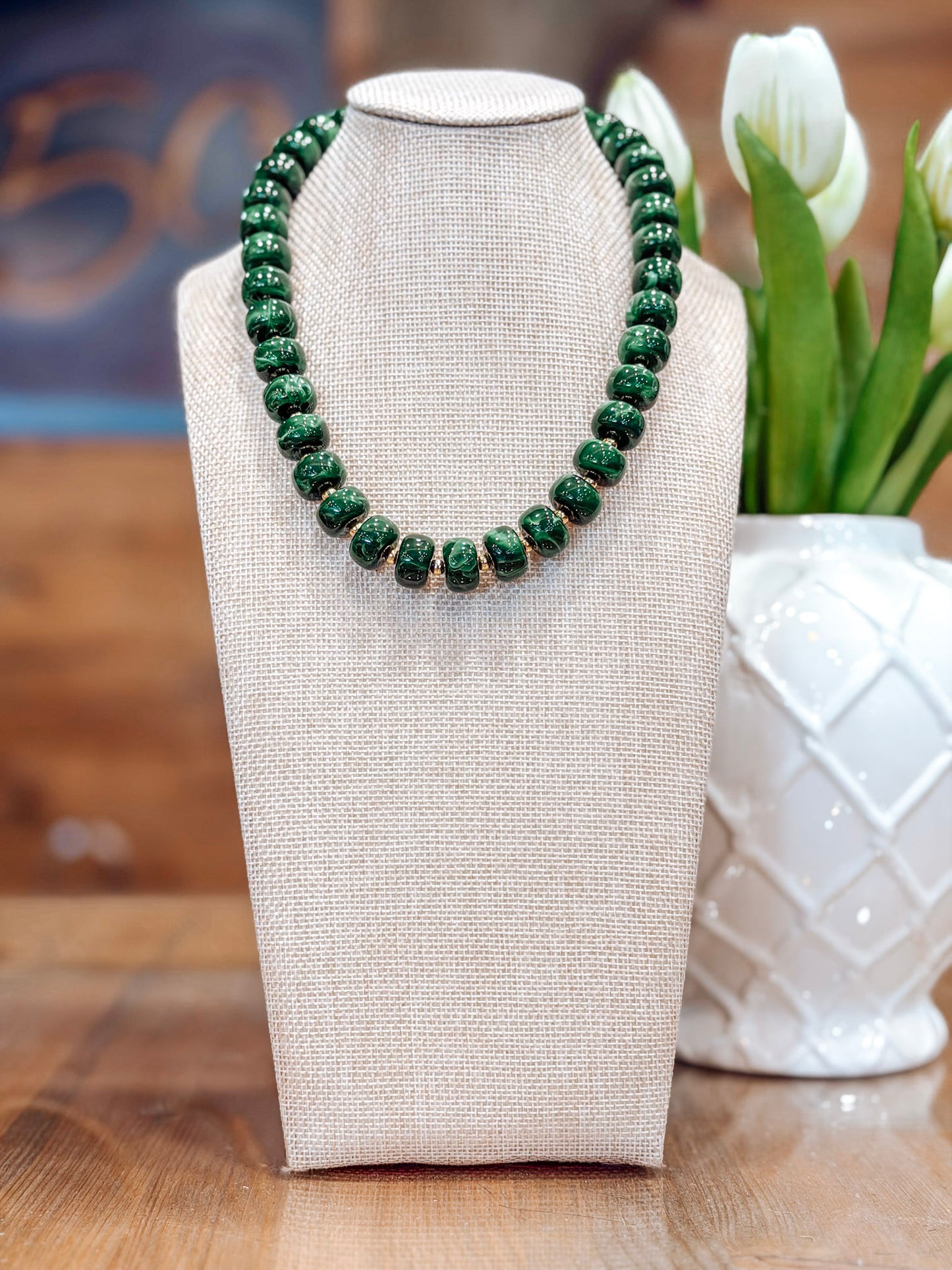 Lainey Beaded Necklace in Dark Green