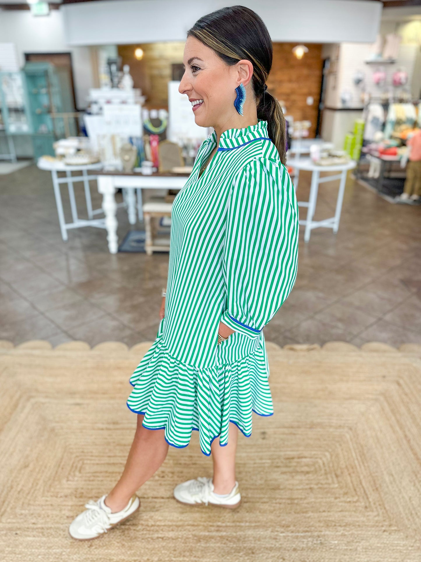Mary Square Naomi Dress in Lined Up Green