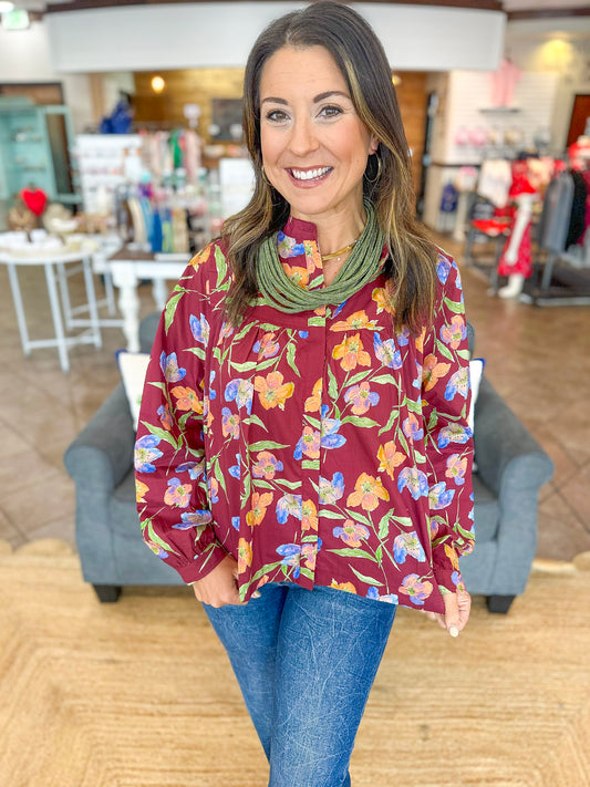 Falling Florals Top in Burgundy