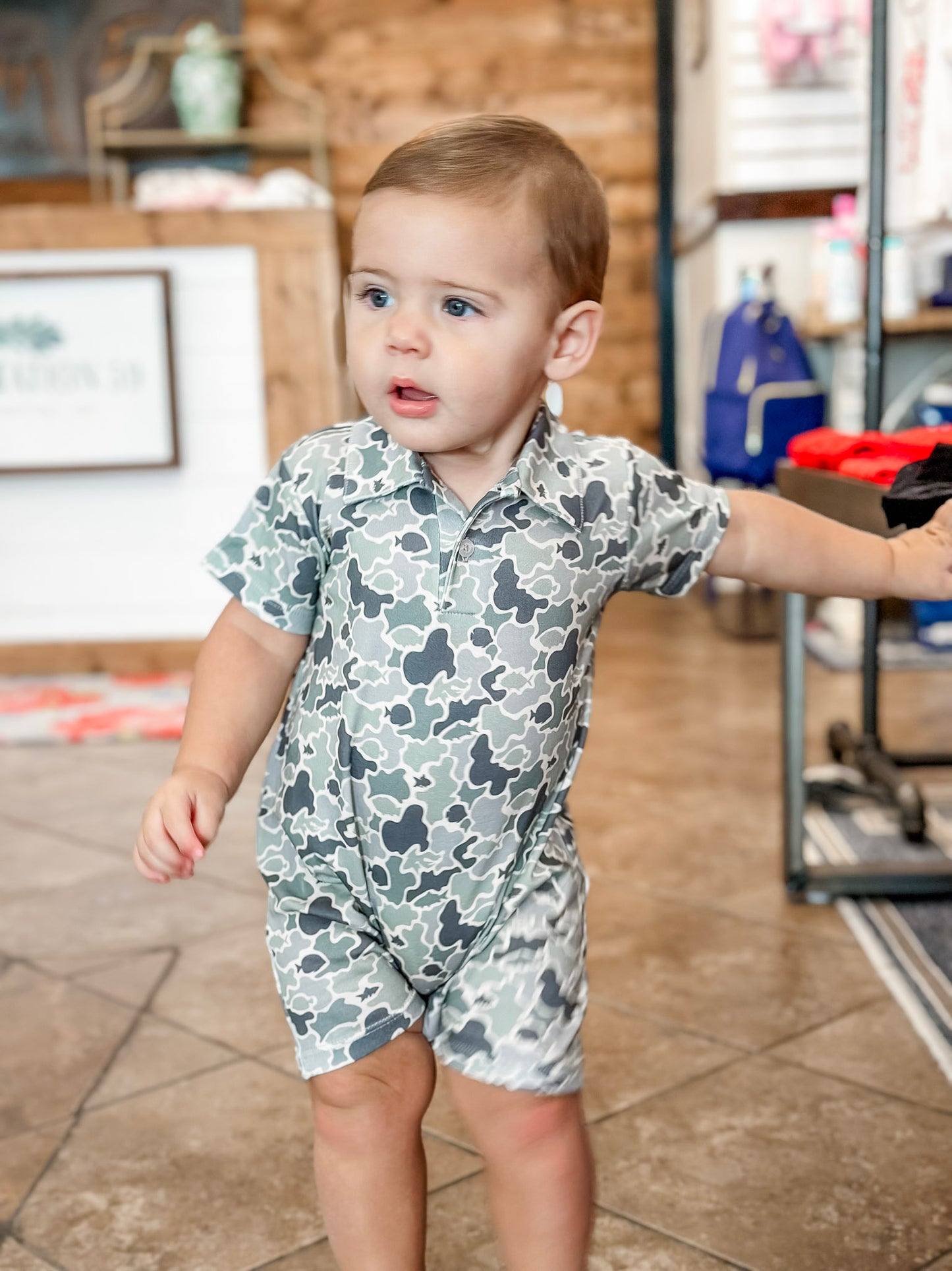 Saltwater Boys Signature Pima Polo SS Romper in Green Camo