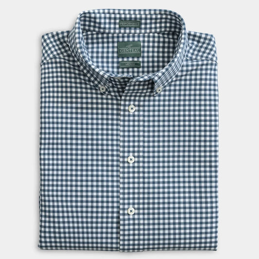 Gen Teal | Gingham Performance Sport Shirt in Navy