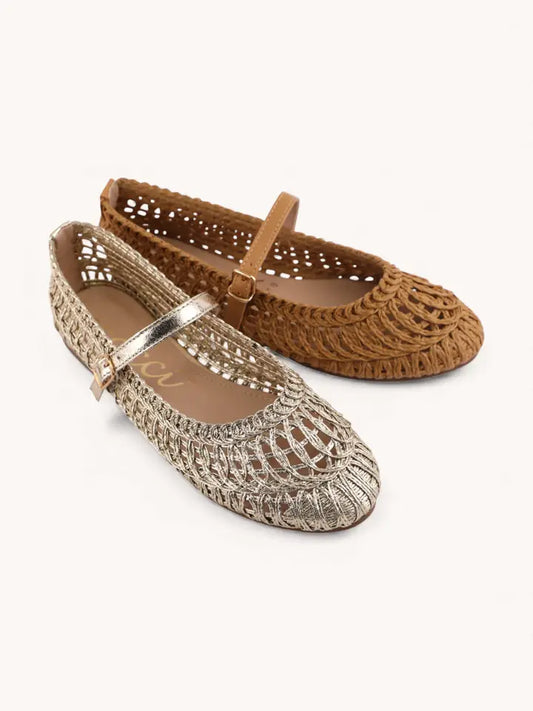 Susan Woven Mary Jane Flat in Champagne