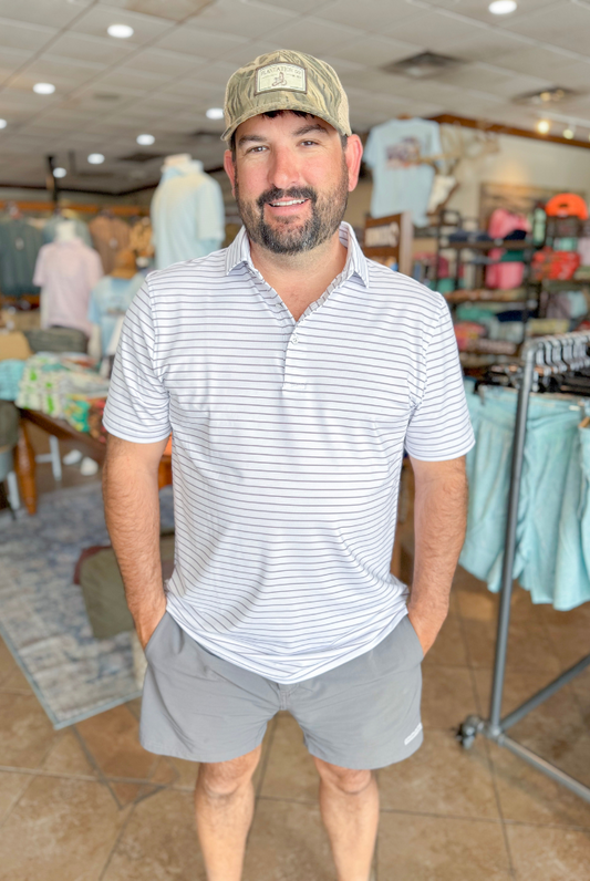 Southern Point Horizon Stripe Performance Polo in White/Elderberry