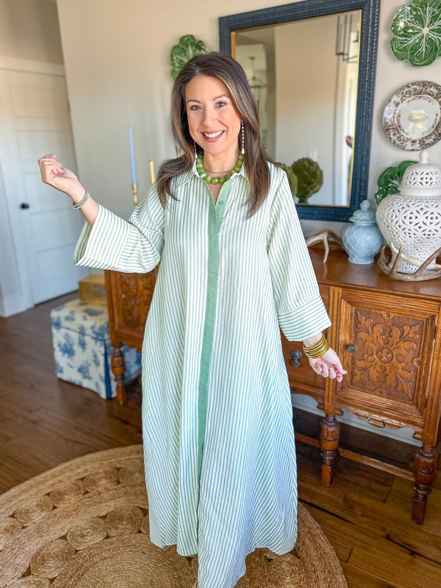 The Caroline Stripe Dress in Sage