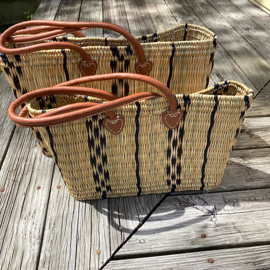 Blue Stripe Straw Tote- Medium