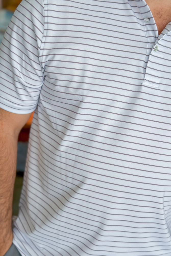 Southern Point Horizon Stripe Performance Polo in White/Elderberry