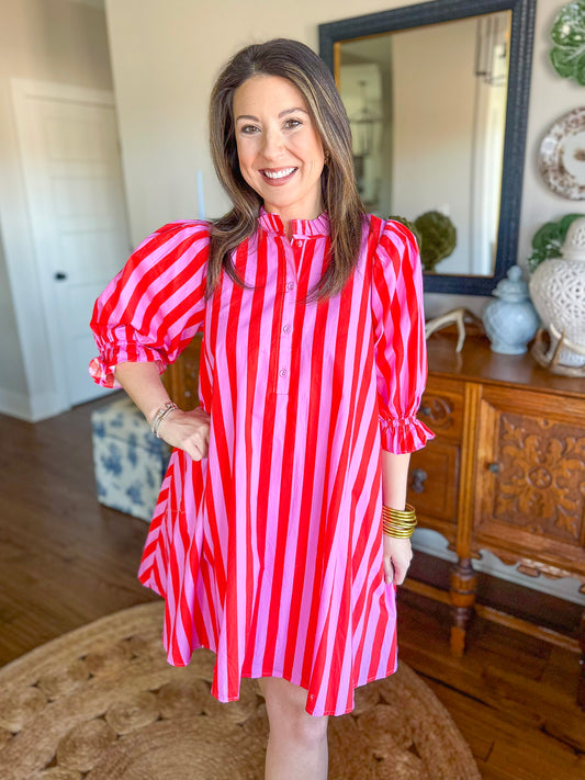 The Camden Dress in Pink/Red Stripes