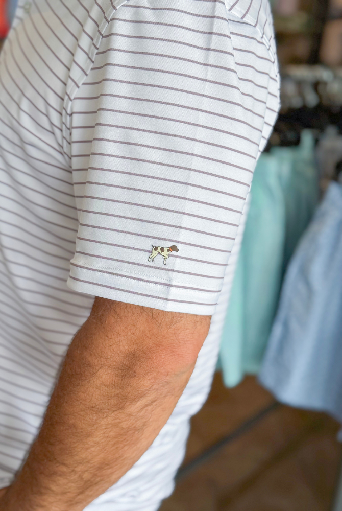 Southern Point Horizon Stripe Performance Polo in White/Elderberry
