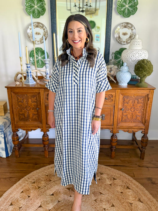 Navy Market Check Dress