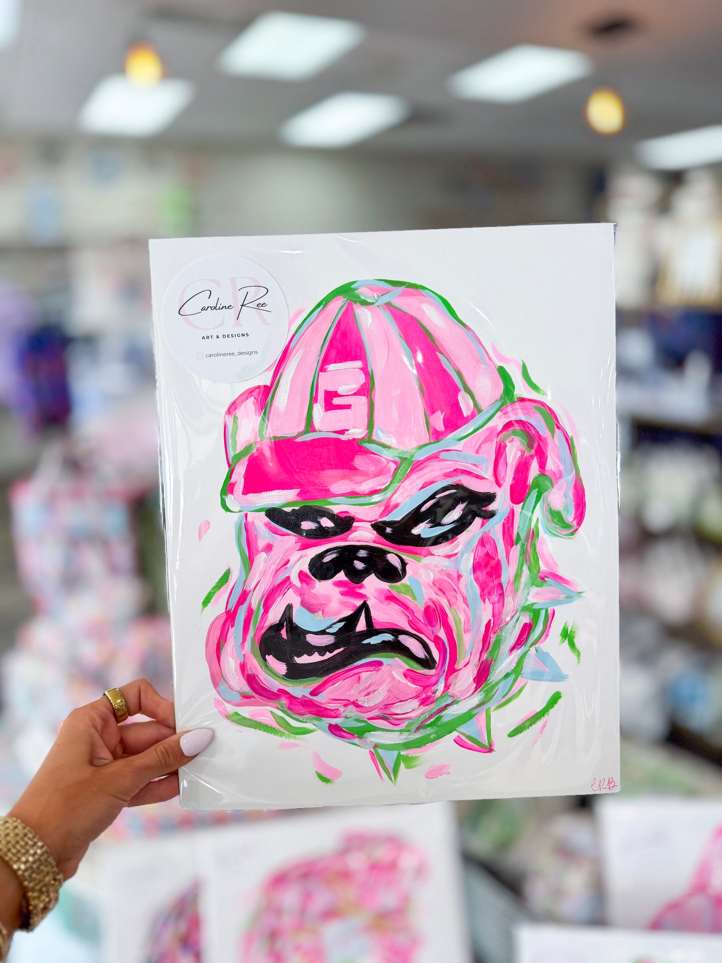 Caroline Barksdale Original Painting - Pink Bulldog Head