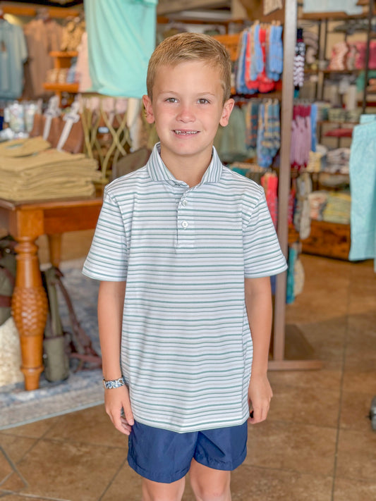Southern Point Youth Valley Stripe Performance Polo in Emerald Coast