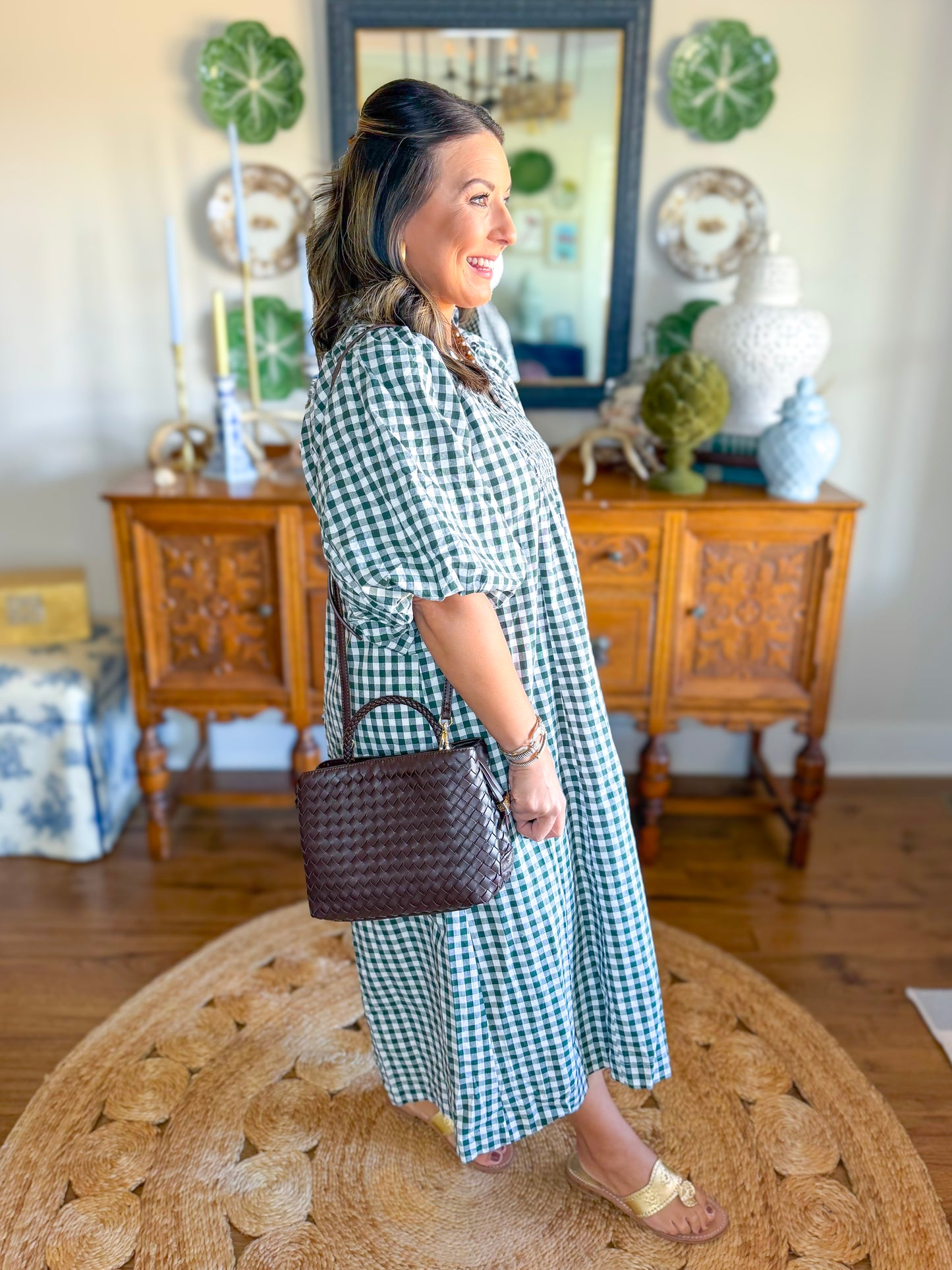 Cottage Gingham Midi Dress in Hunter Green