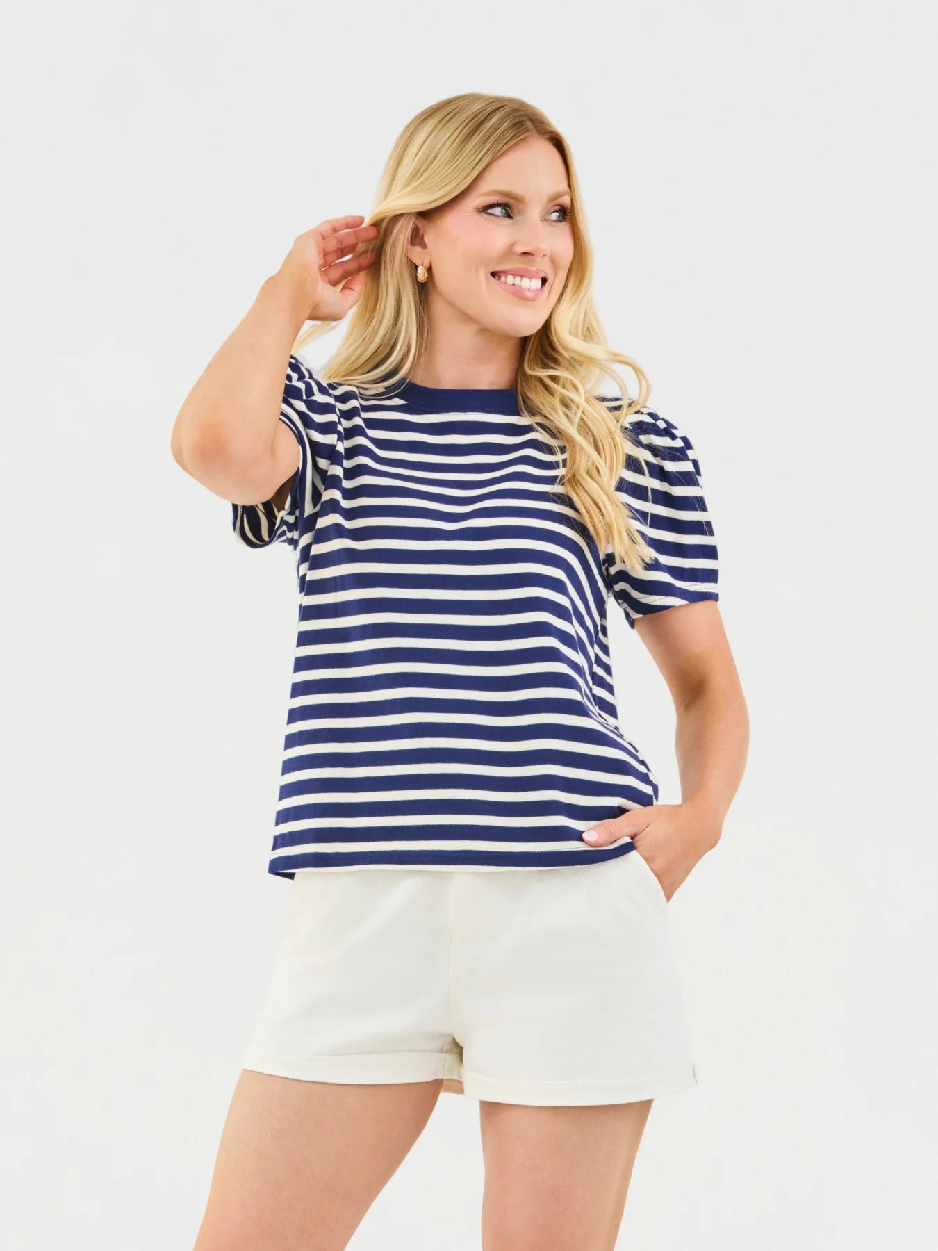 Mary Square | Larissa Pleat Sleeve Tee in Navy/White Stripe