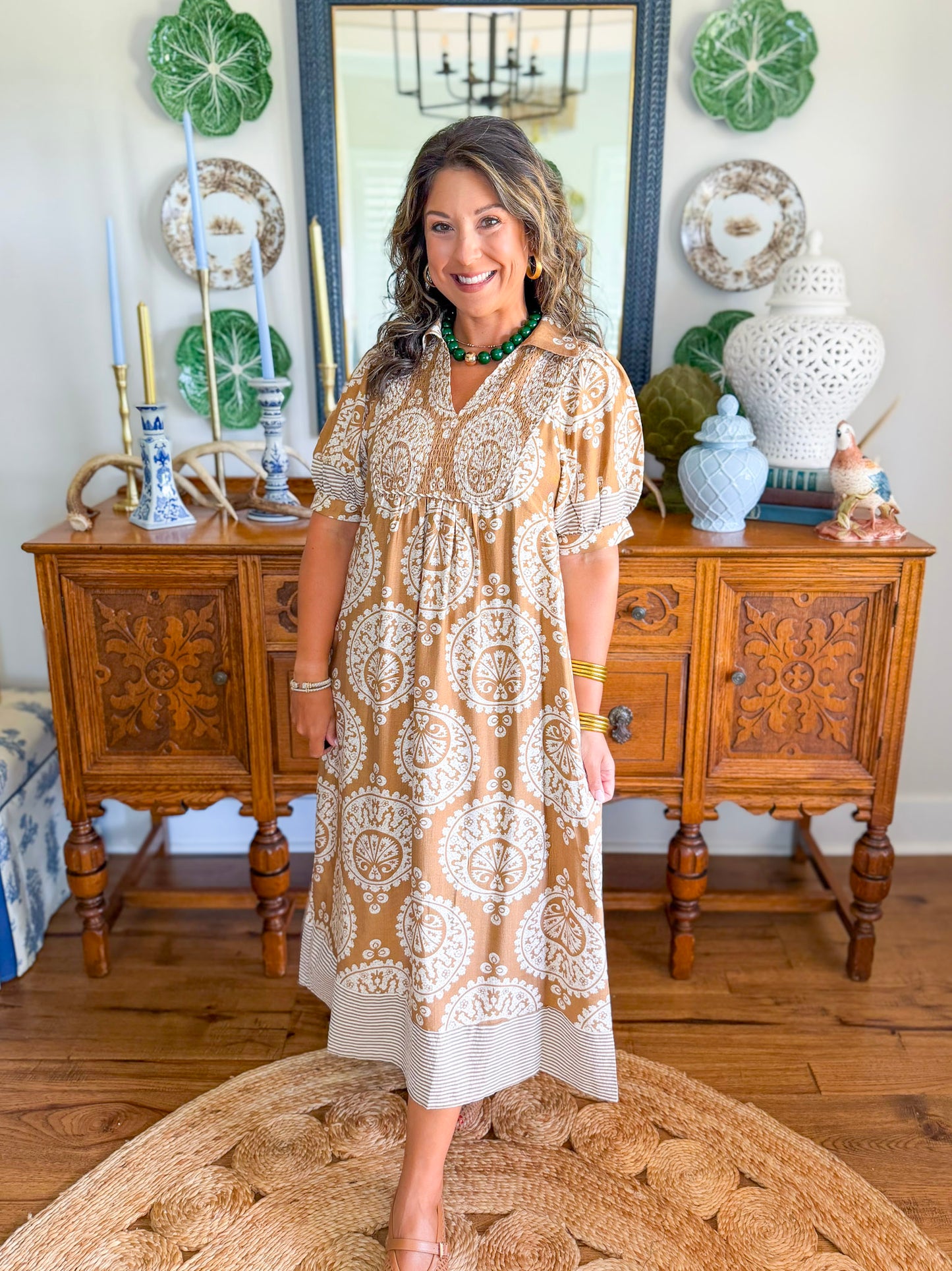The Windsor Medallion Dress in Caramel