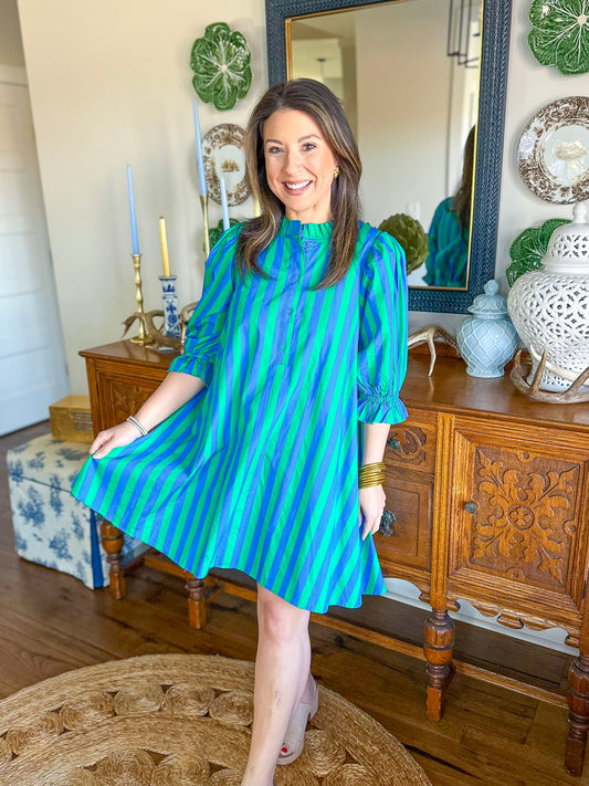 The Camden Dress in Green/Blue Stripes
