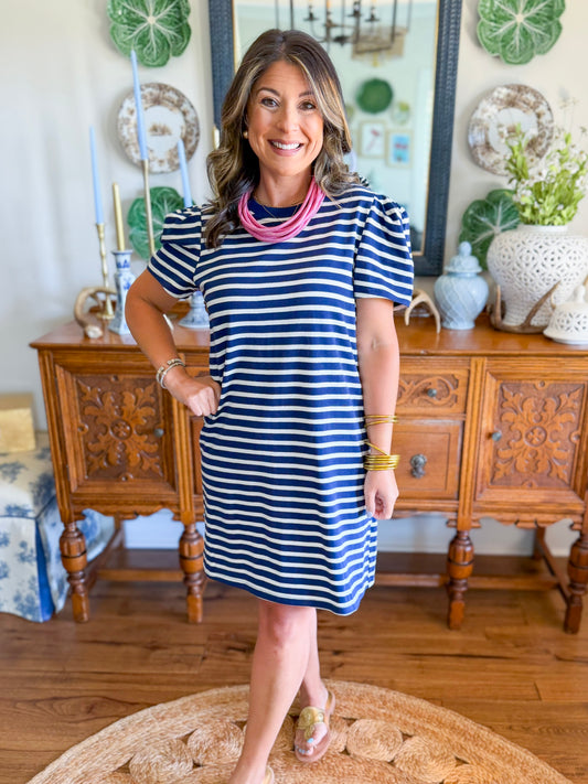 Mary Square | Carolina T-Shirt Dress in Navy + White Stripe