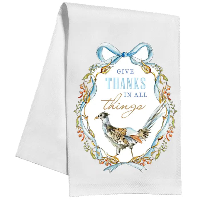 Give Thanks in All Things Pheasant Blue Wreath Kitchen Towel
