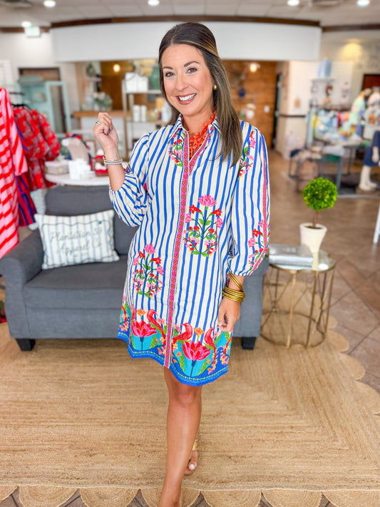 Ava Shift Dress in Striped Garden