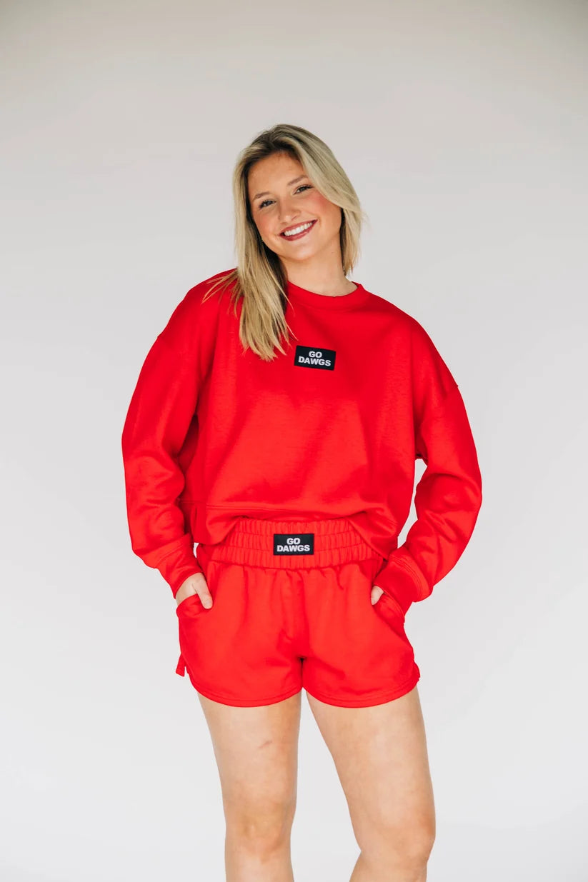 Scarlet & Gold | The Ava Airy Shorts Go Dawgs Woven Label in Bright Red