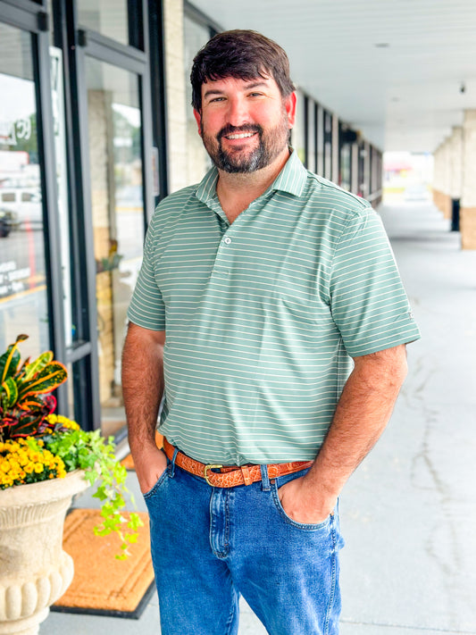 Southern Point Horizon Stripe Performance Polo in Duck Green/Sandstone